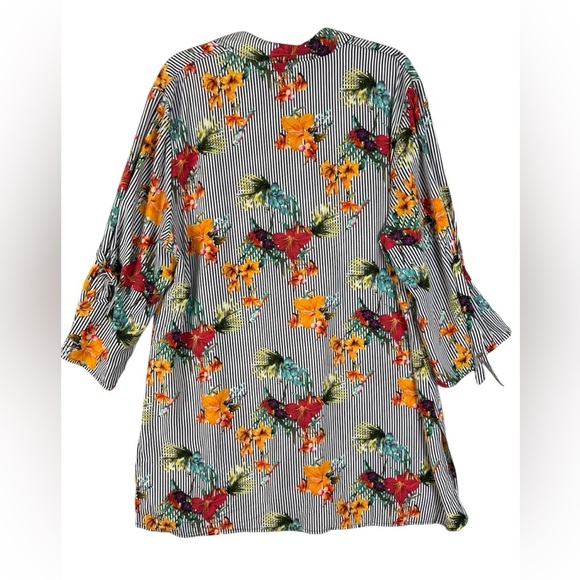 Chicos floral striped button up tunic tropical birds tie sleeve blouse L - Picture 2 of 10